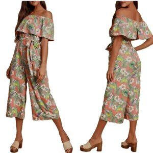 Lulu’s Jumpsuit Raquell Coral Tropical Floral Off Shoulder Cropped Culotte Boho‎